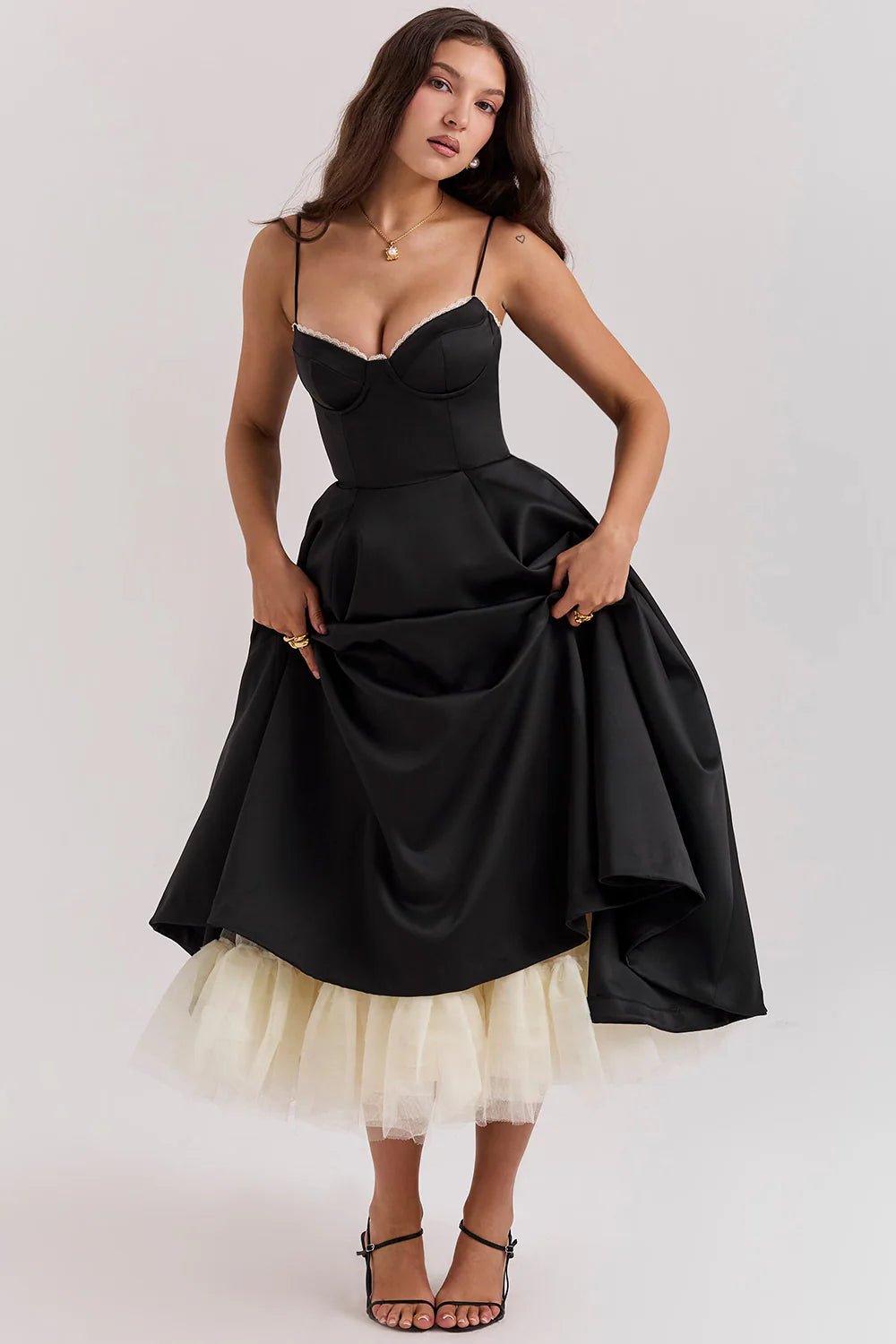 Women's Cocktail Satin Lace Midi Party Dress