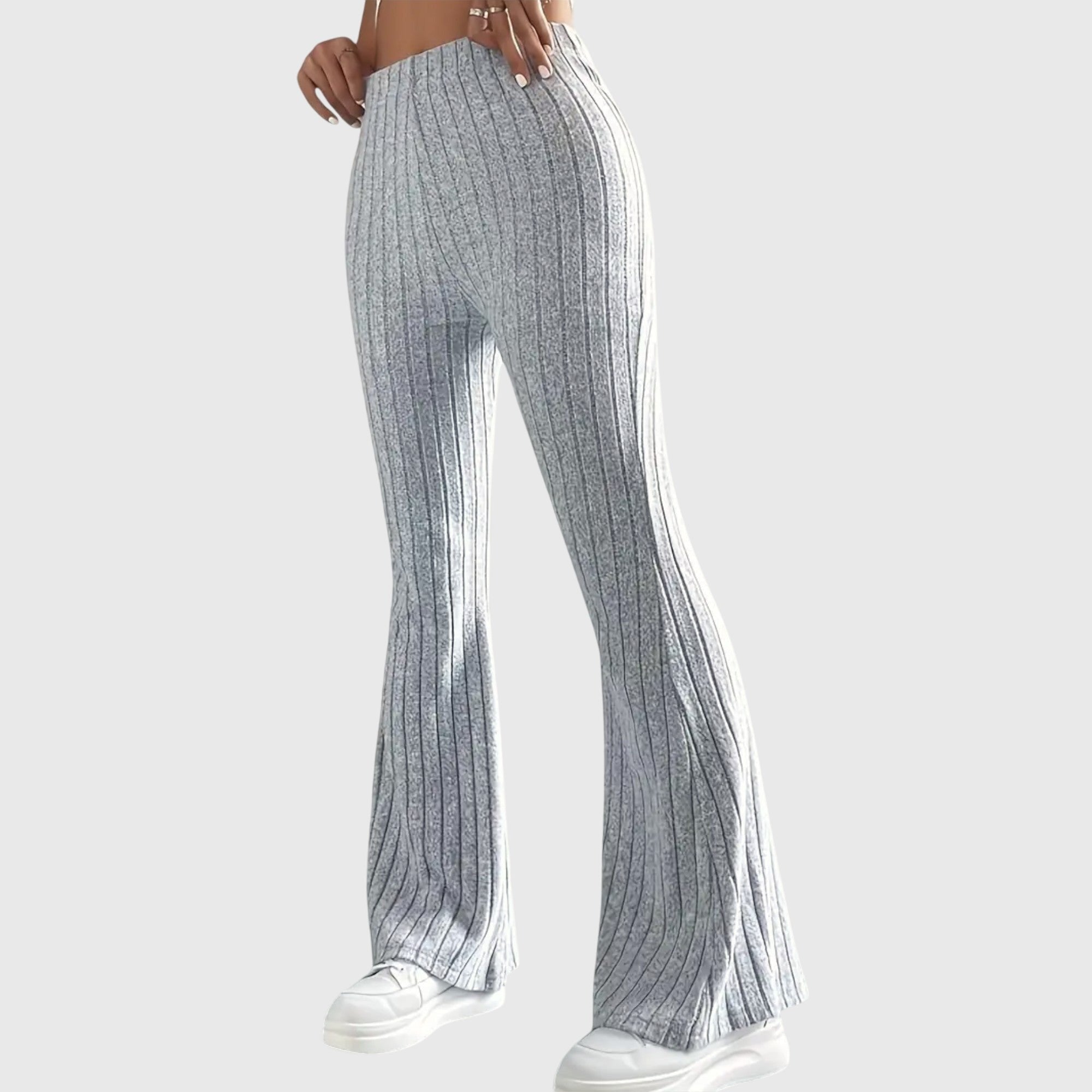 Women's Ribbed Knit High-Waisted Flare Trousers - Gray