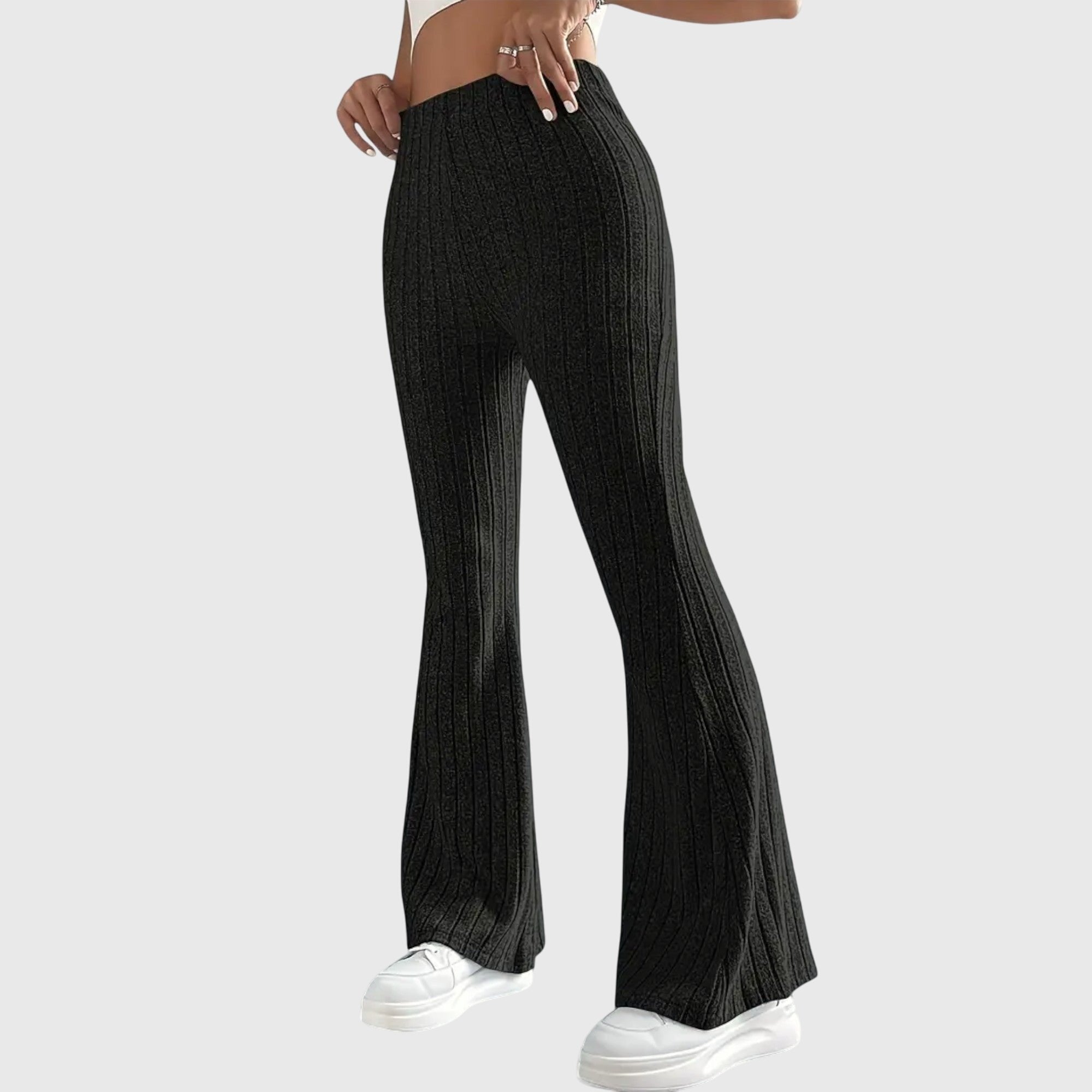 Women's Ribbed Knit High-Waisted Flare Trousers