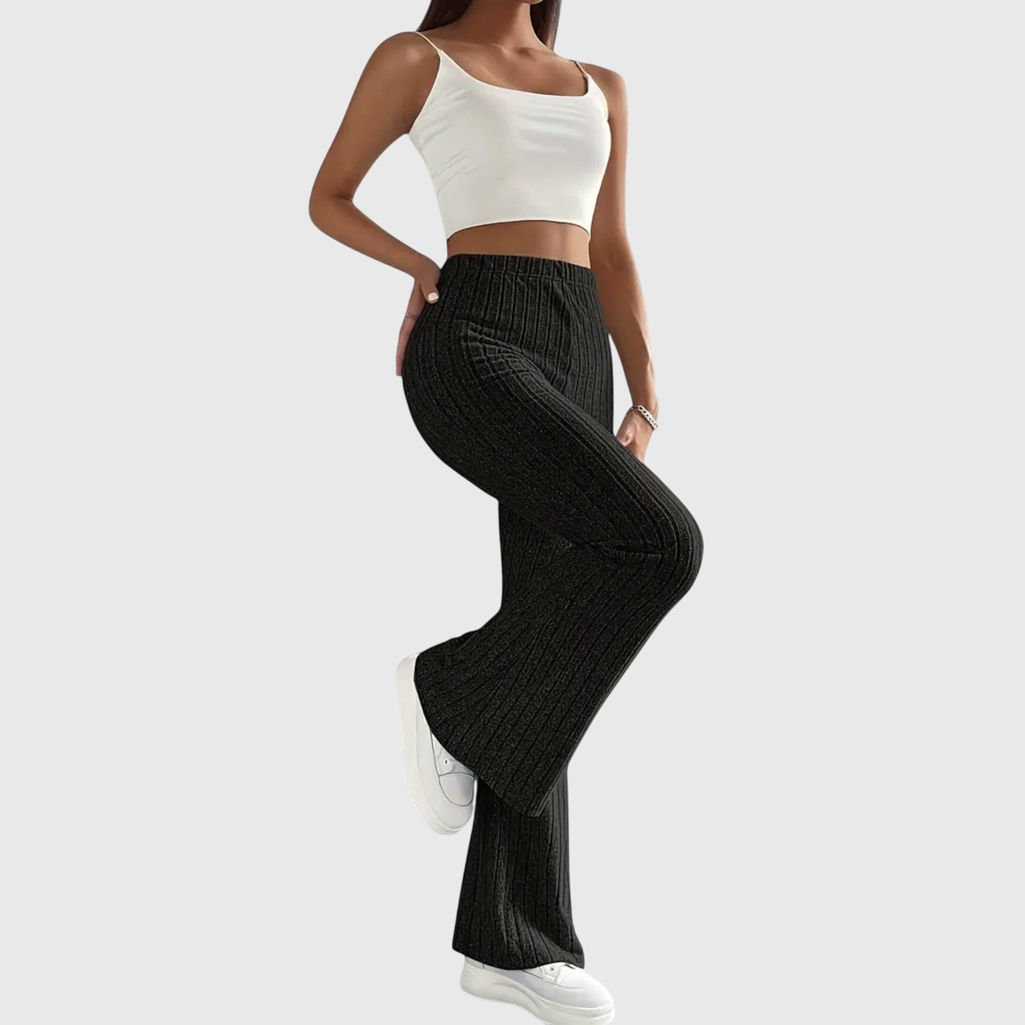 Women's Ribbed Knit High-Waisted Flare Trousers