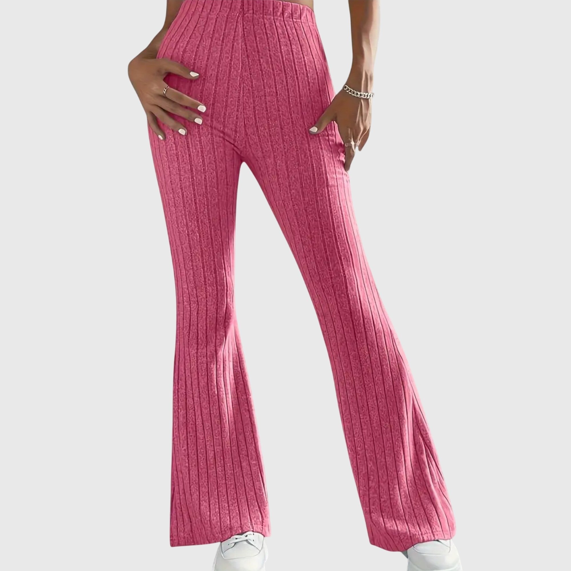 Women's Ribbed Knit High-Waisted Flare Trousers - Pink