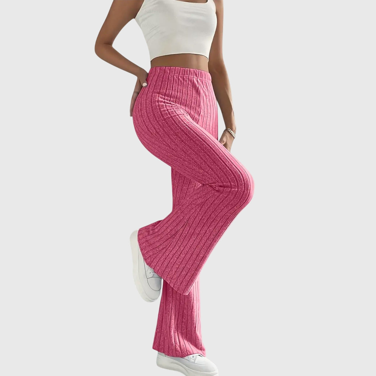 Women's Ribbed Knit High-Waisted Flare Trousers