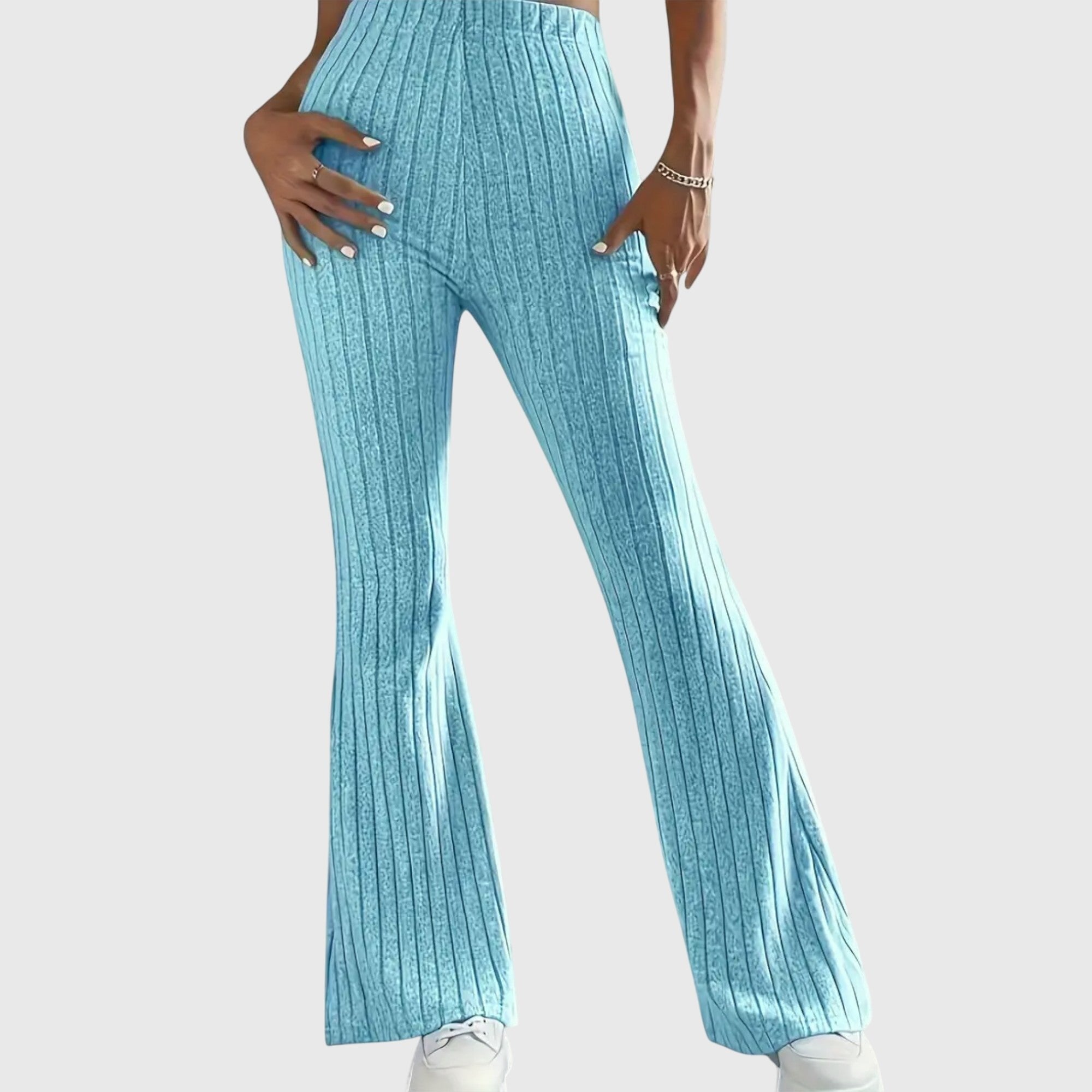 Women's Ribbed Knit High-Waisted Flare Trousers - Blue