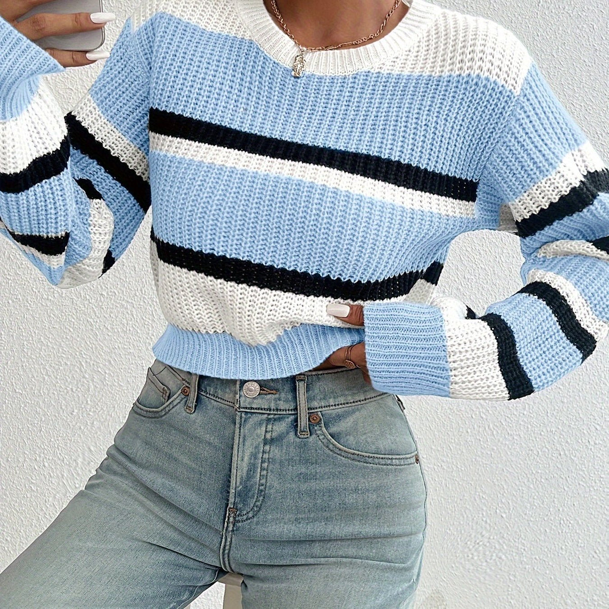 Women's Cropped Striped Ribbed Jumper - Sky Blue