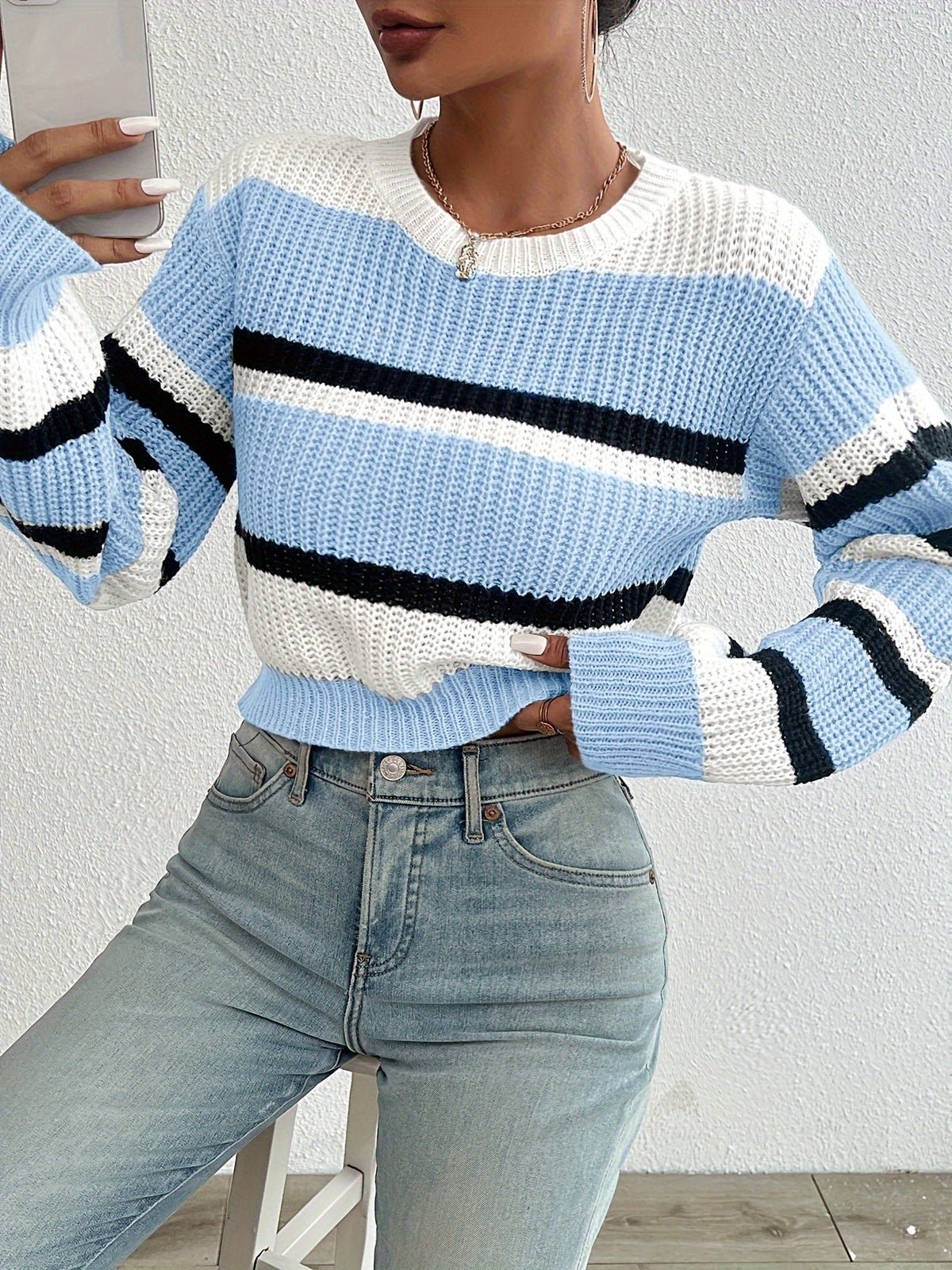 Women's Cropped Striped Ribbed Jumper