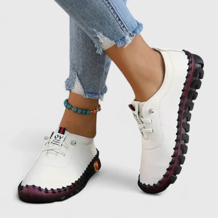Women's Faux Leather Lace-Up Trainers - Beige