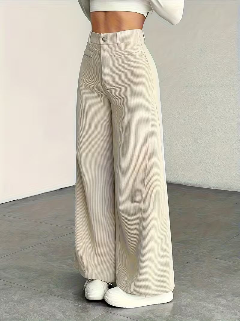Women's High-Waisted Corduroy Wide-Leg Trousers - Beige