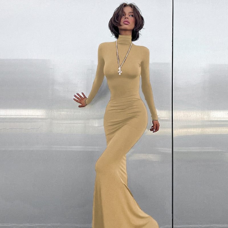 Women's Ribbed Roll Neck Bodycon Maxi Party Dress