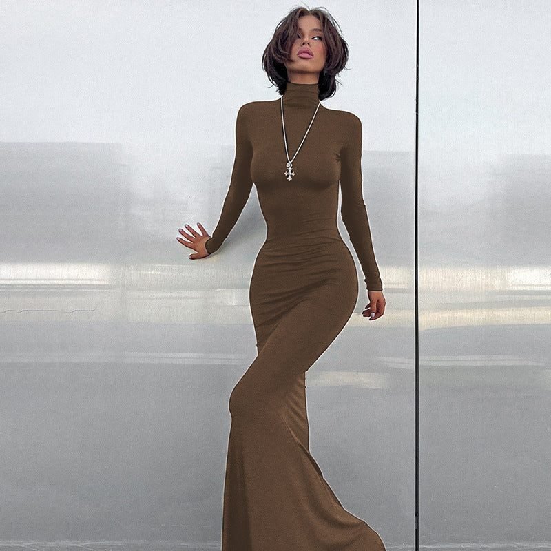 Women's Ribbed Roll Neck Bodycon Maxi Party Dress