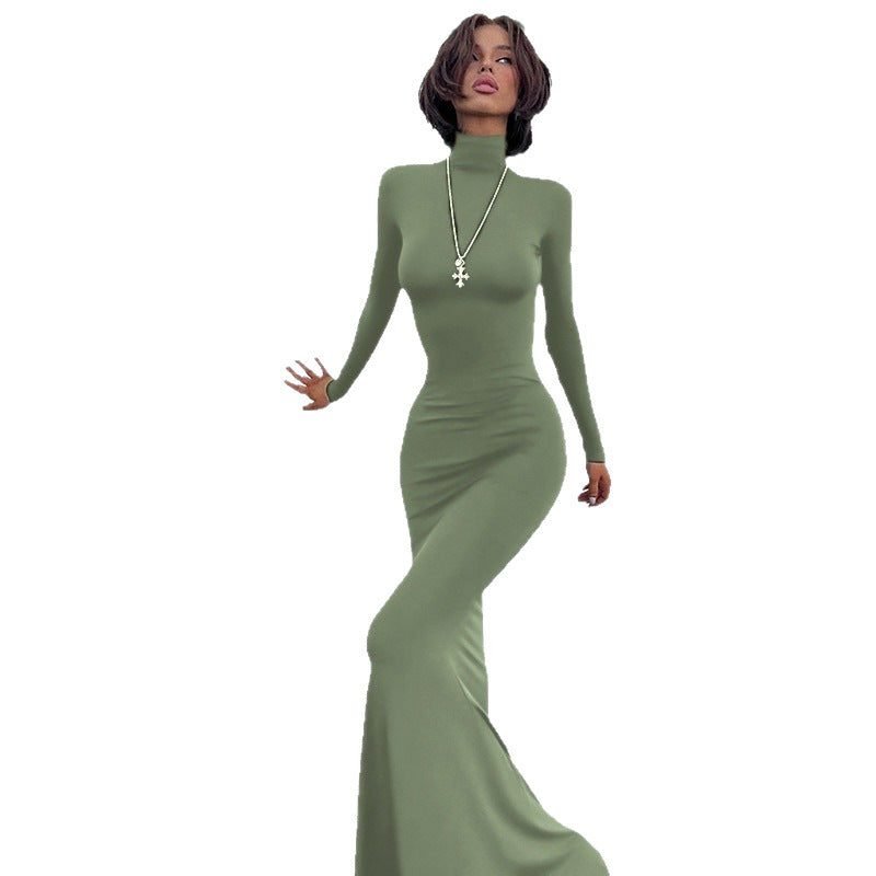 Women's Ribbed Roll Neck Bodycon Maxi Party Dress