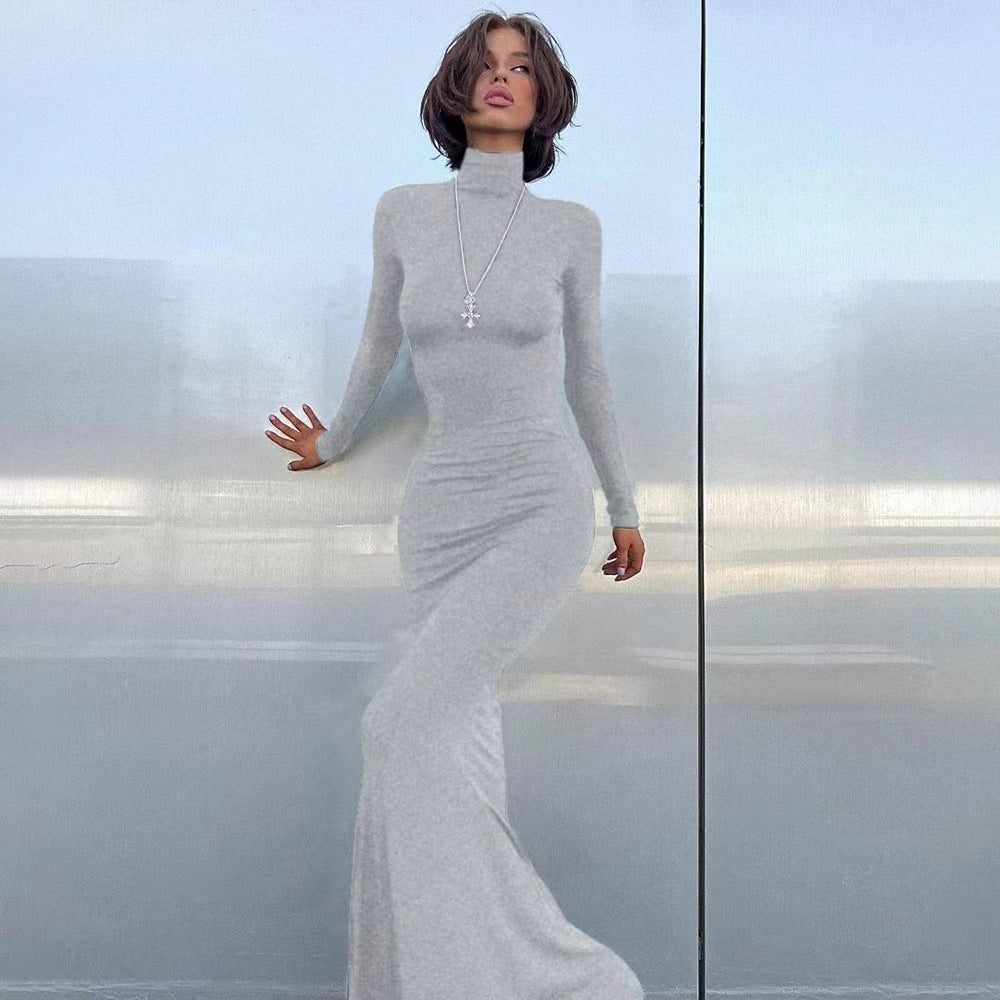 Women's Ribbed Roll Neck Bodycon Maxi Party Dress - Grey