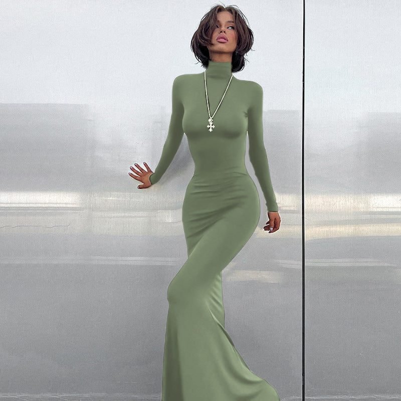 Women's Ribbed Roll Neck Bodycon Maxi Party Dress - Green