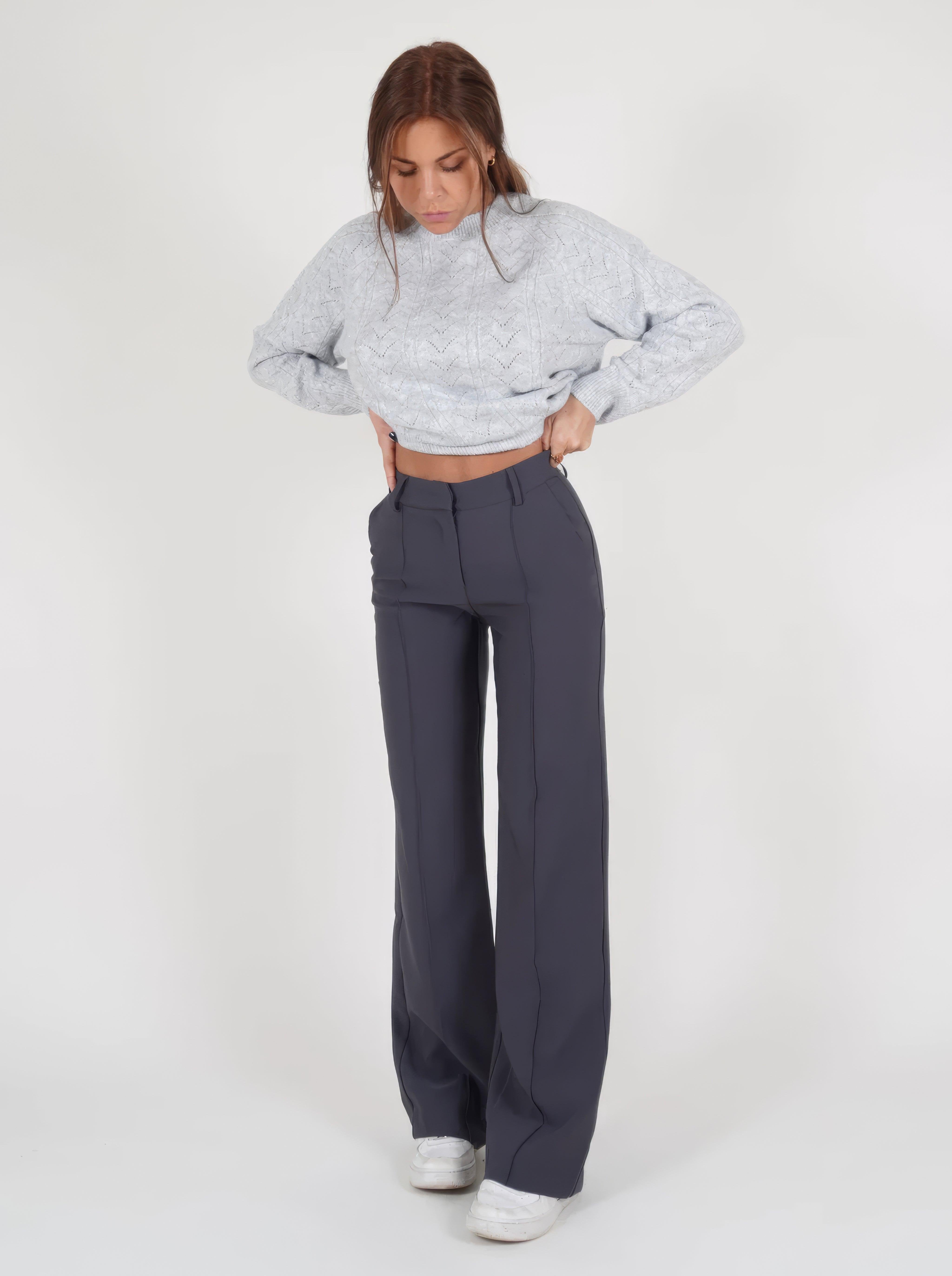 Women's Black High-Waisted Tailored Wide-Leg Trousers - Grey