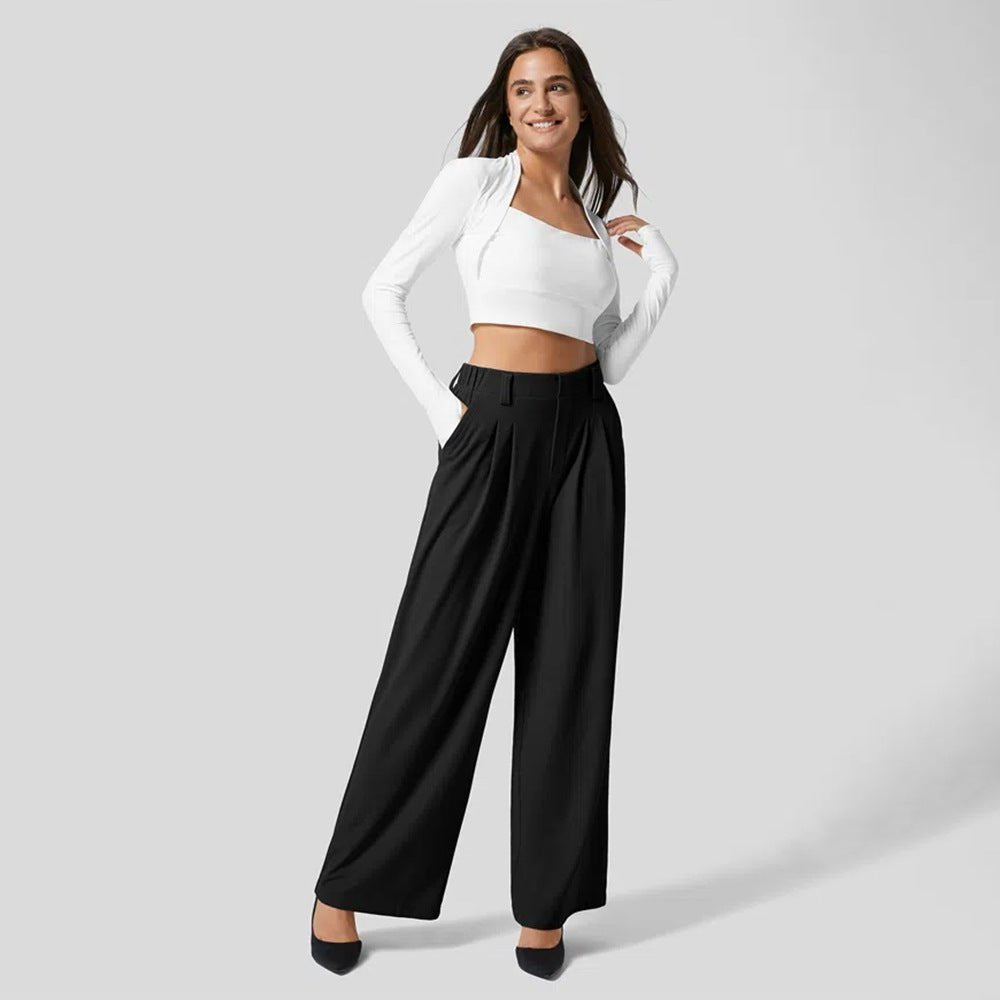 Women's Black High-Waisted Tailored Pleated Wide-Leg Trousers - Black