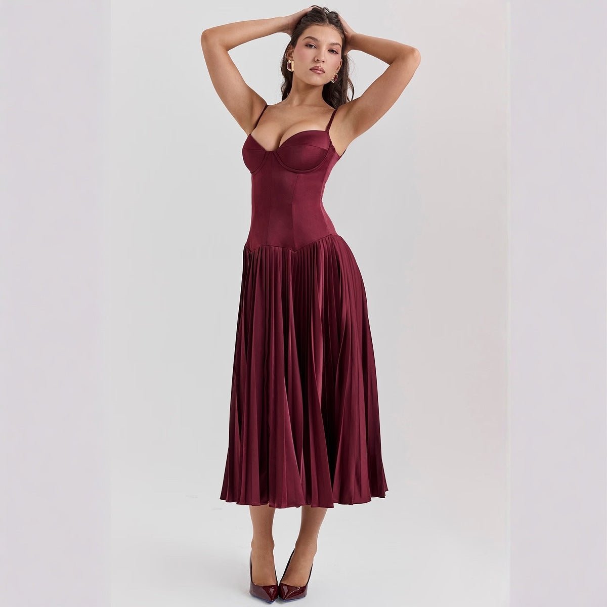 Women's Corset Satin Midi Party Dress - Red