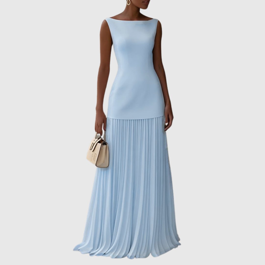 Women's Pleated Chiffon Satin Maxi Party Gown - Light Blue