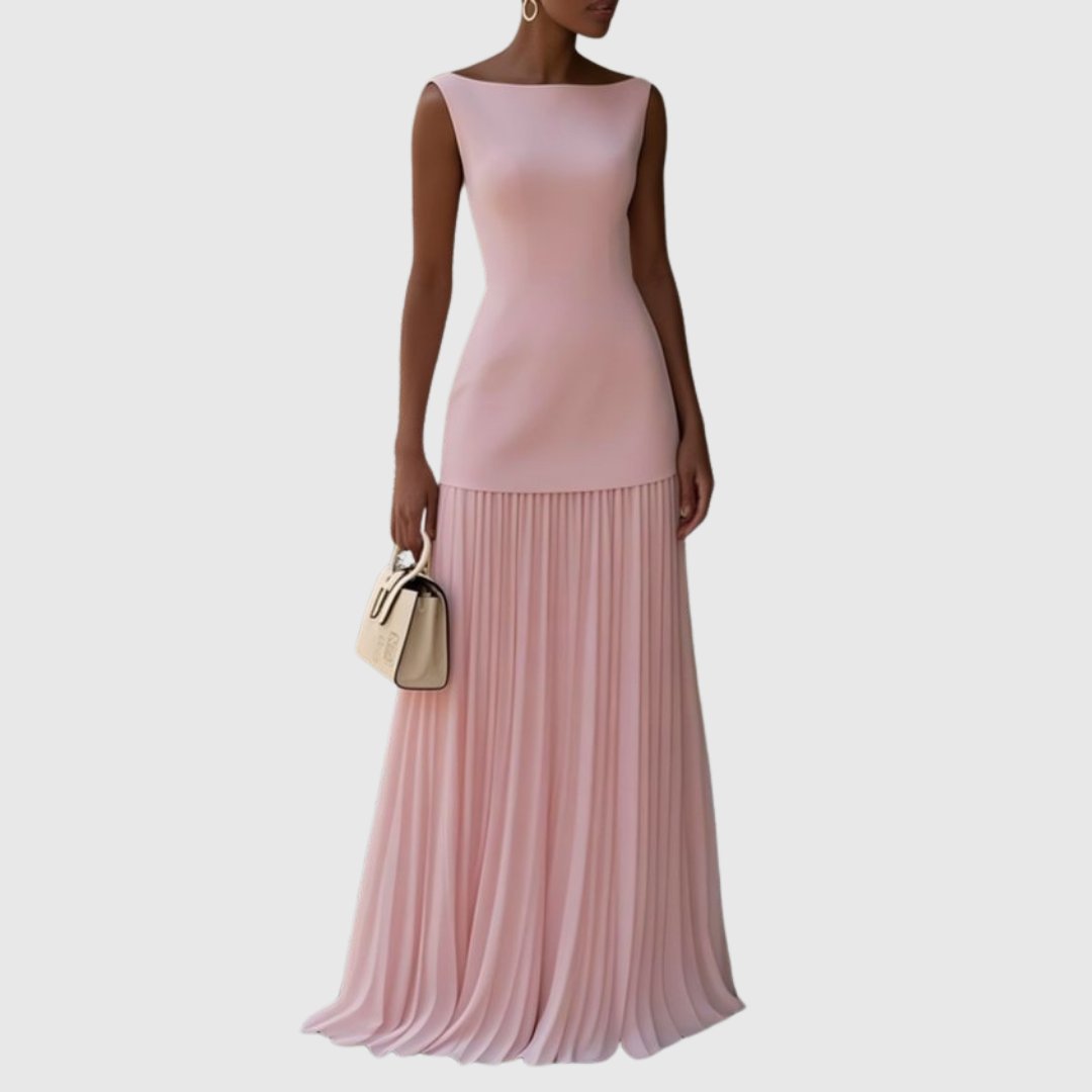 Women's Pleated Chiffon Satin Maxi Party Gown - Pink