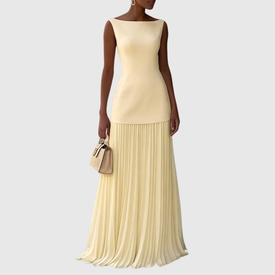 Women's Pleated Chiffon Satin Maxi Party Gown - Yellow