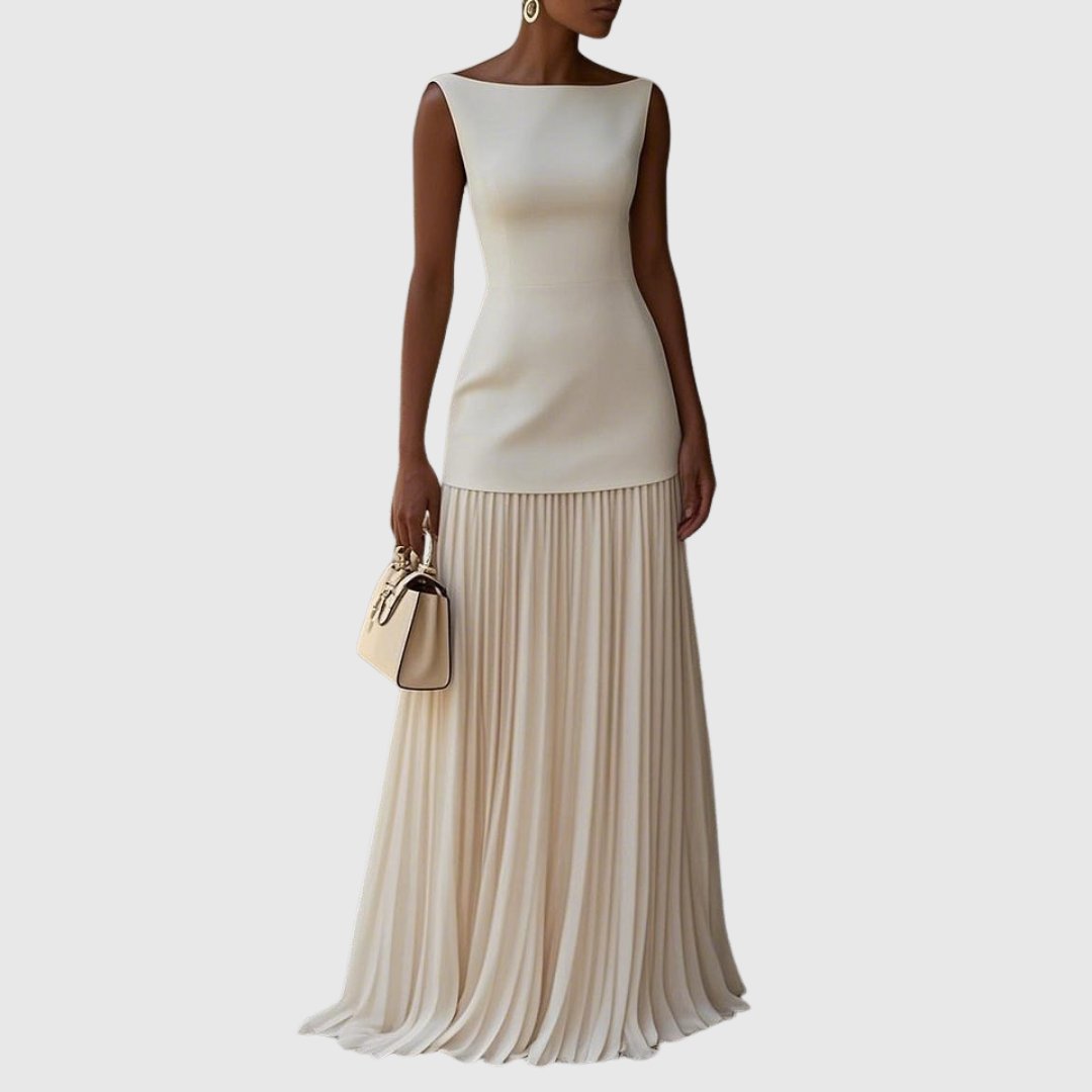 Women's Pleated Chiffon Satin Maxi Party Gown - Beige