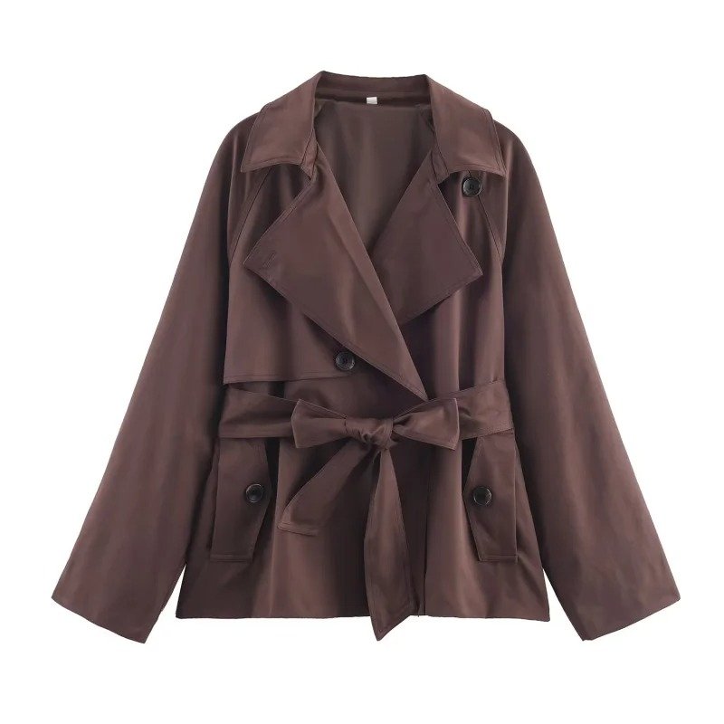 Women's Cotton Cropped Trench Jacket - Brown 2
