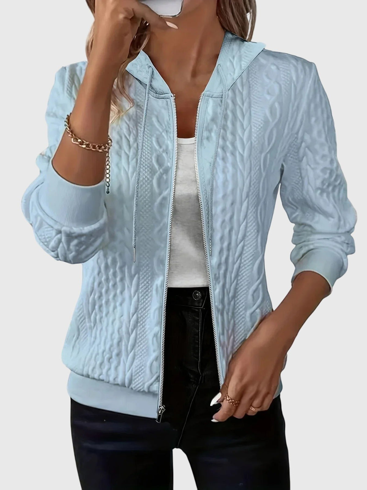 Women's Cropped Knit Hooded Jacket - Sky blue