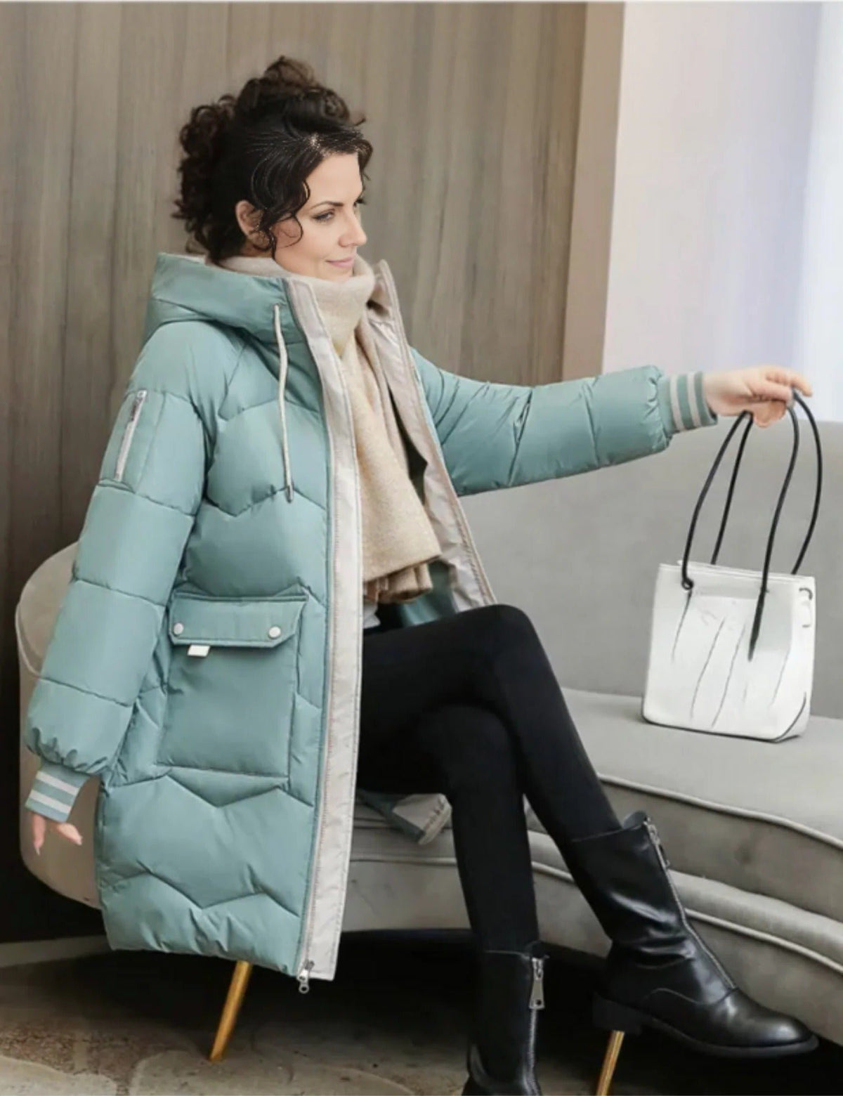 Women's Quilted Hooded Longline Puffer Coat - Light Green