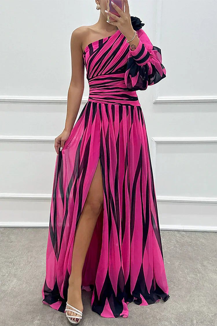 Women's Striped Satin One-Shoulder Maxi Party Gown - Rose Red