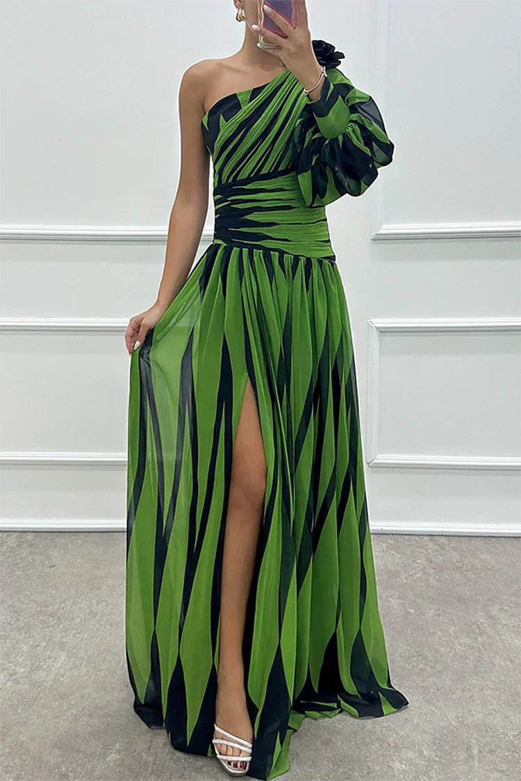 Women's Striped Satin One-Shoulder Maxi Party Gown - Green