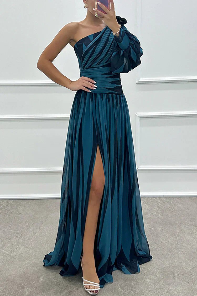 Women's Striped Satin One-Shoulder Maxi Party Gown