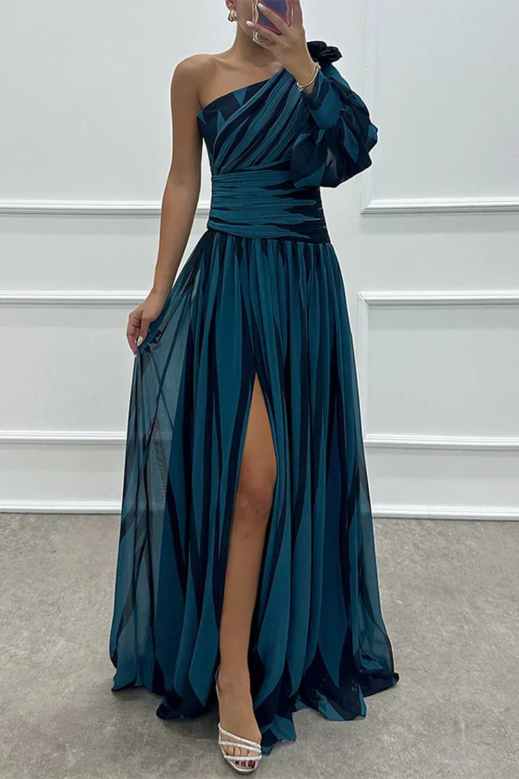 Women's Striped Satin One-Shoulder Maxi Party Gown - Navy Blue