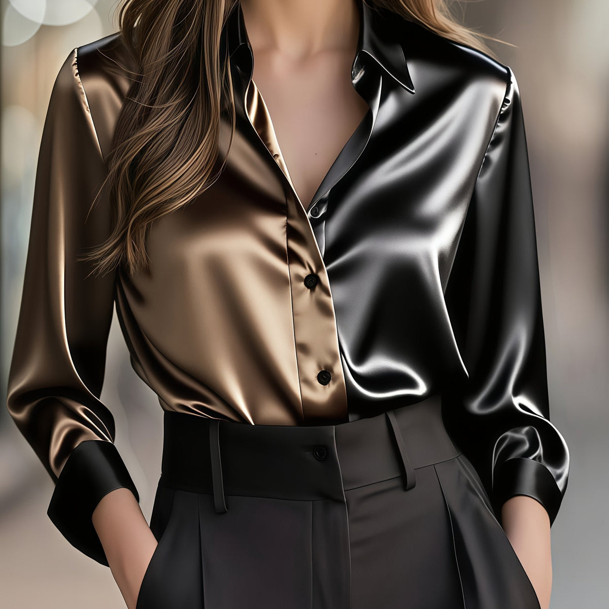 Women's Slim Satin Long Sleeve Blouse - Coffee Brown