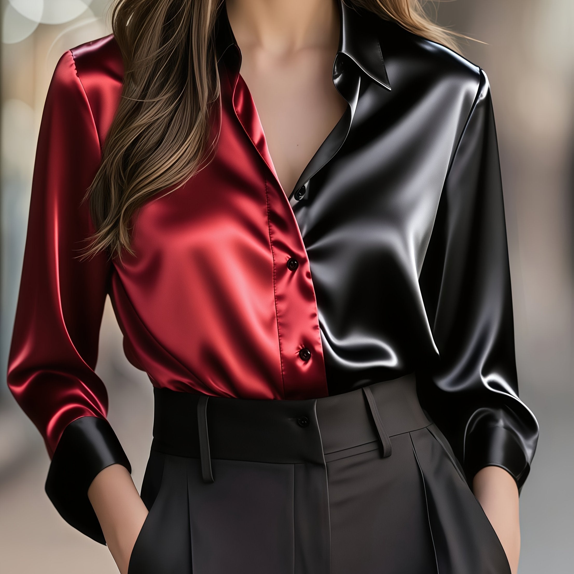 Women's Slim Satin Long Sleeve Blouse - Red