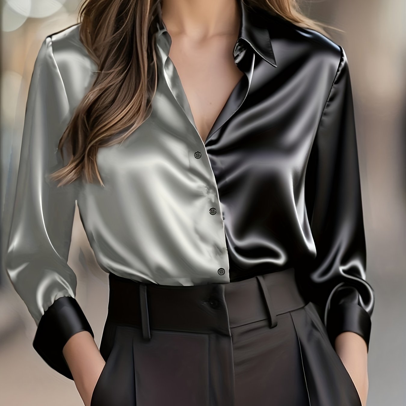 Women's Slim Satin Long Sleeve Blouse - Grey