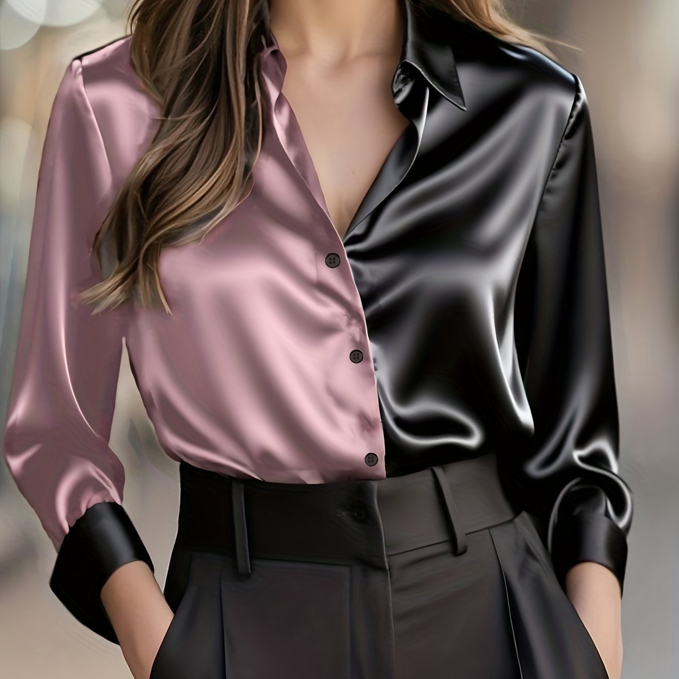 Women's Slim Satin Long Sleeve Blouse - Pale Pinkish Gray