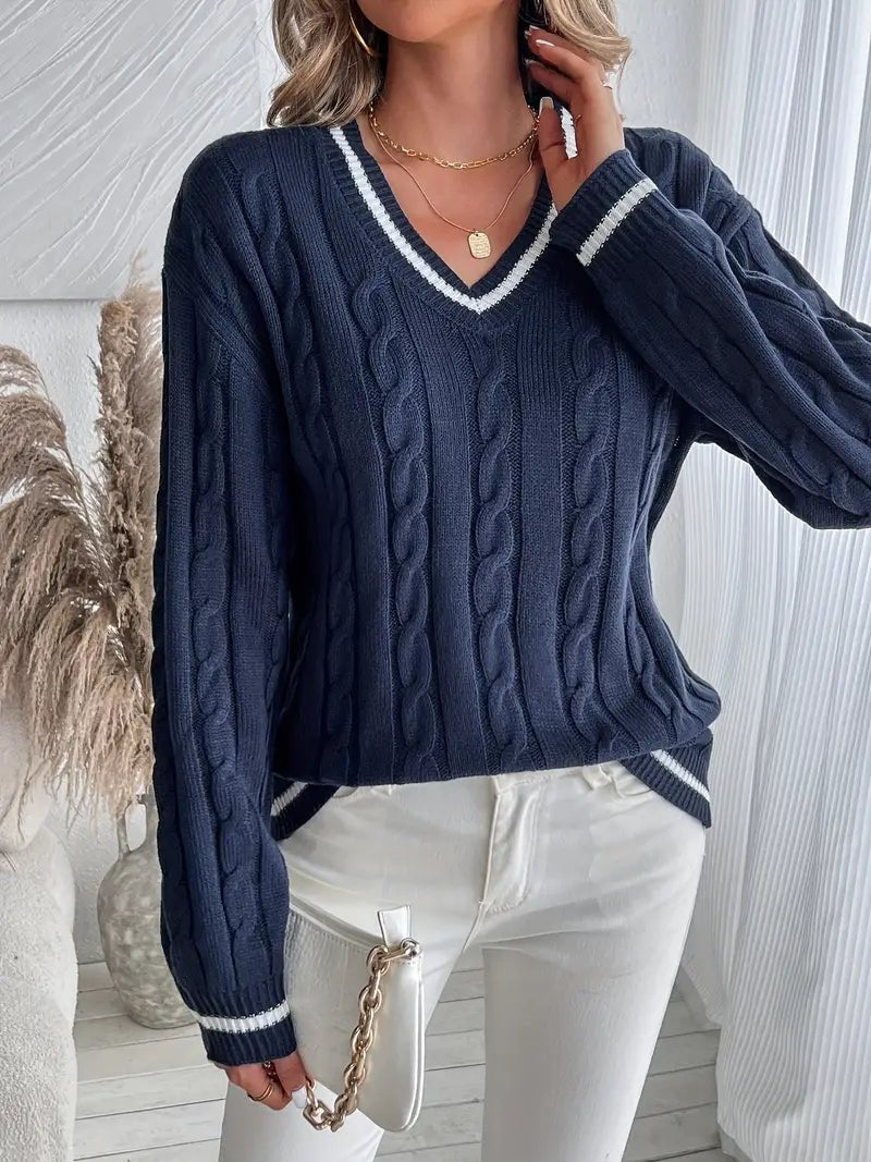 Women's Striped Cable Knit V-Neck Jumper