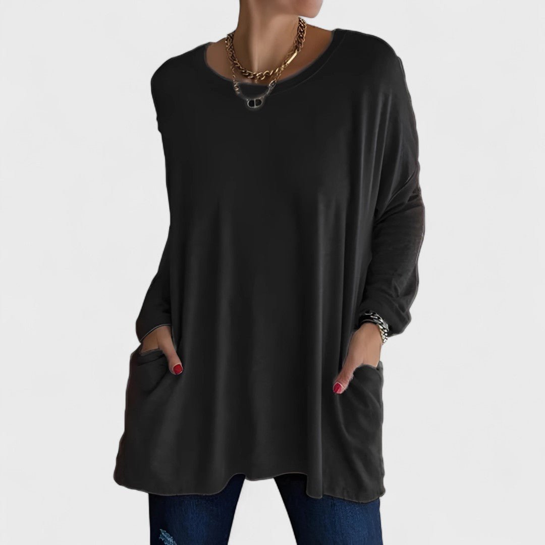 Women's Black Oversized Long Sleeve Tunic Top - Black