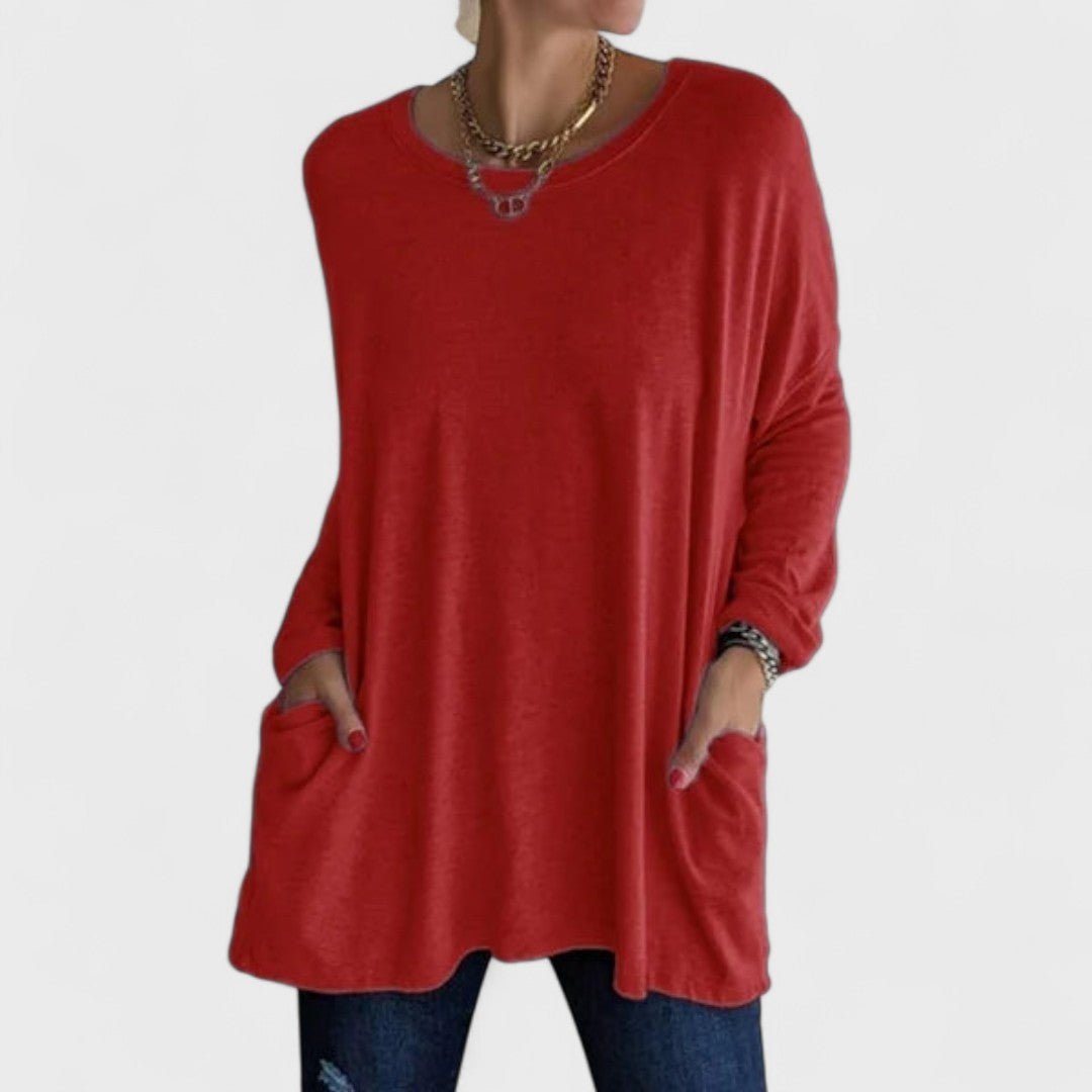 Women's Black Oversized Long Sleeve Tunic Top - Red