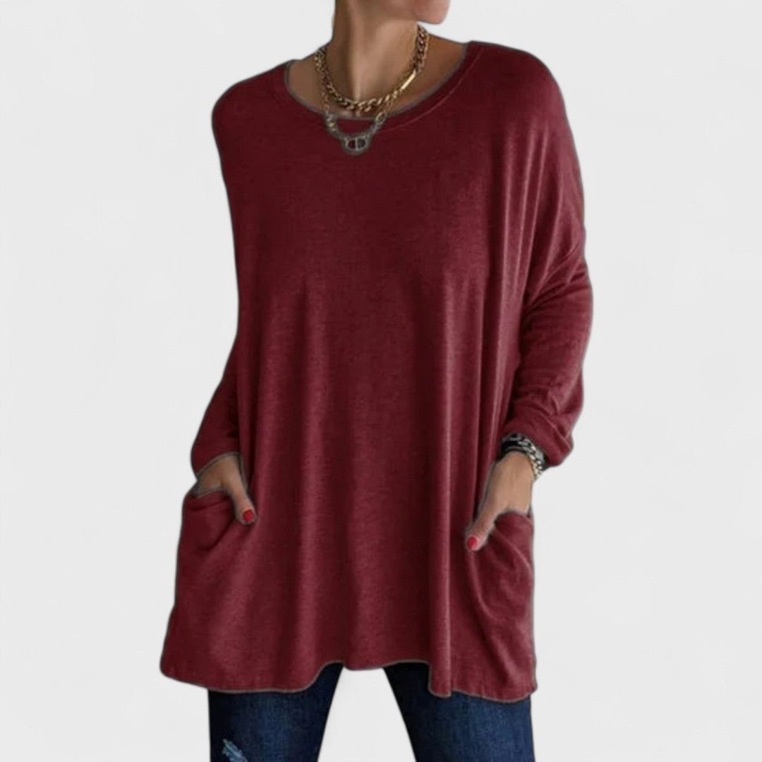 Women's Black Oversized Long Sleeve Tunic Top - Dark Red