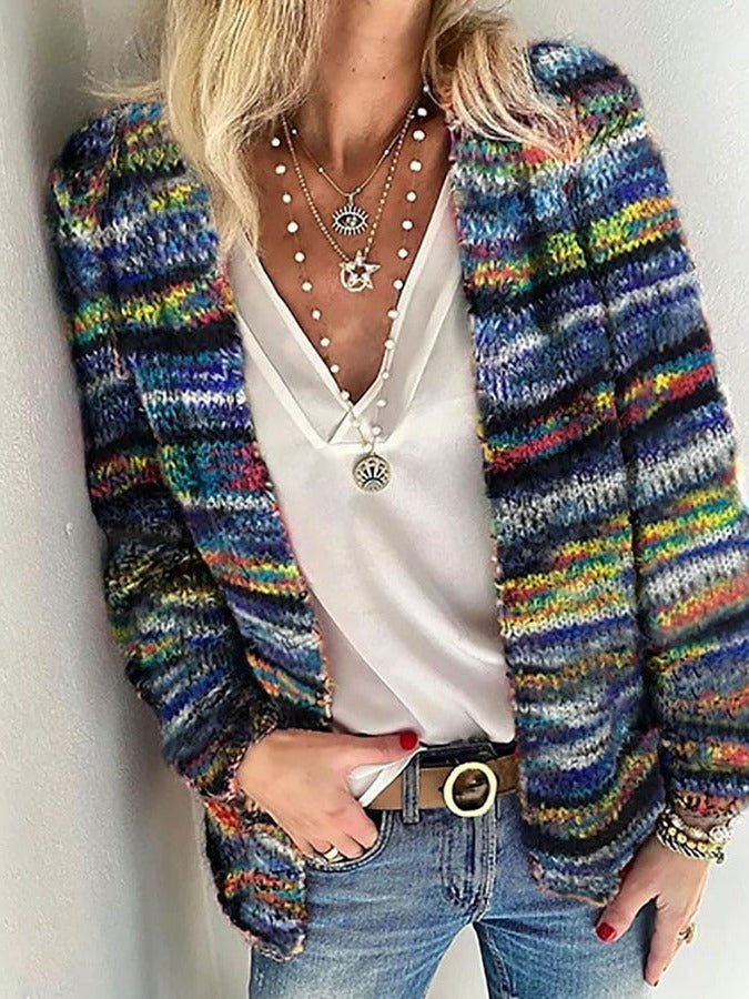 Women's Chunky Striped Wool Cardigan - Mixed Color 1
