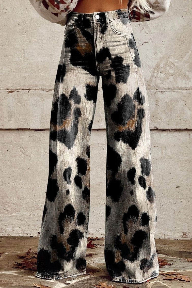 Women's Black Leopard High-Waisted Wide-Leg Jeans