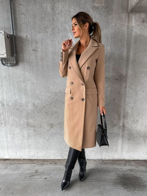 Women's Double-Breasted Longline Wool Coat - Khaki