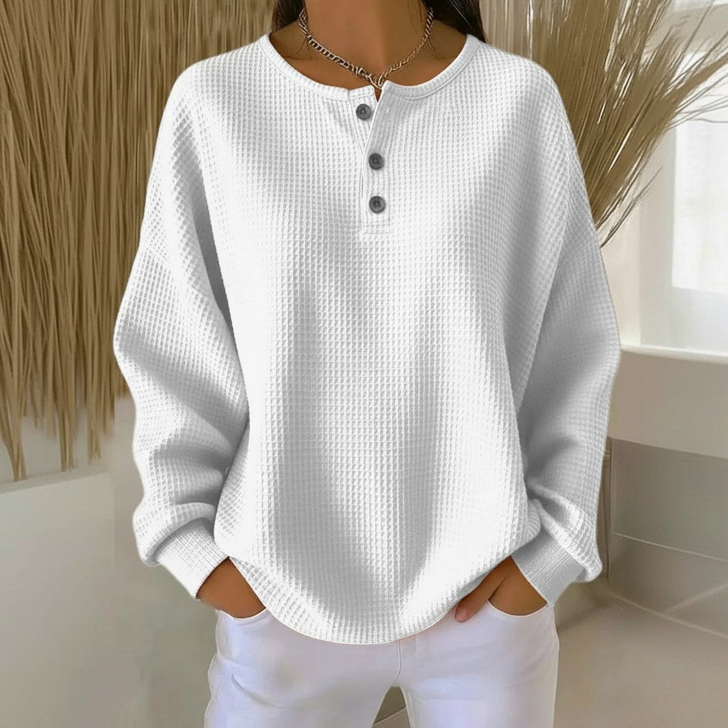 Women's Oversized Waffle Knit Henley Long Sleeve Top - White