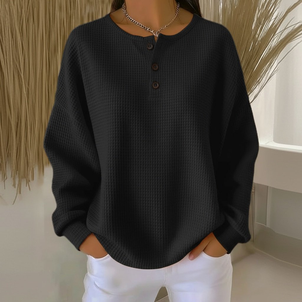 Women's Oversized Waffle Knit Henley Long Sleeve Top - Black