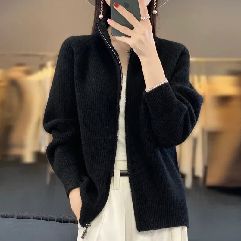 Women's Ribbed Wool Cardigan - Black