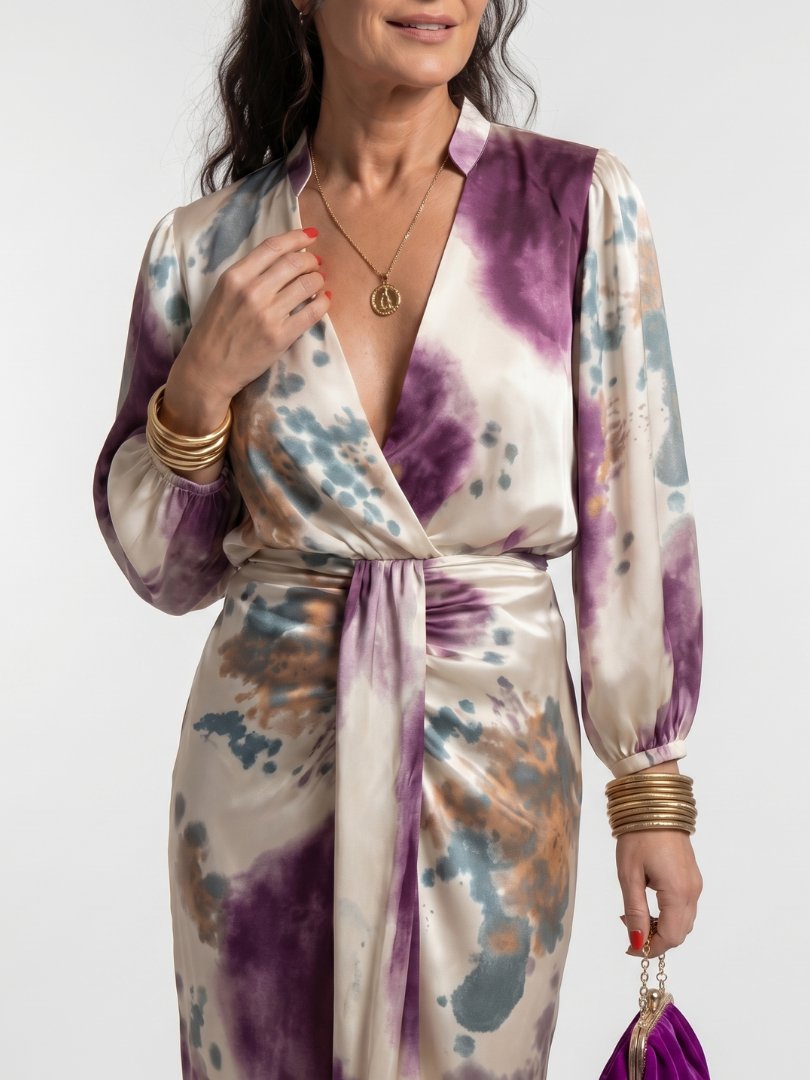 Women's Tie-Dye Satin Midi Party Wrap Dress