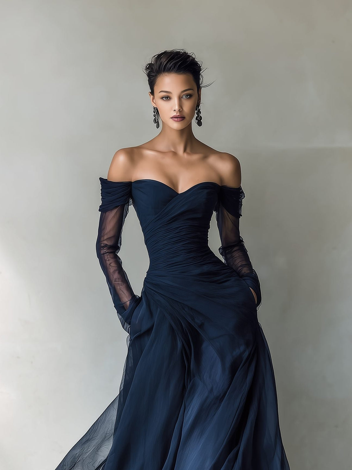 Women's Chiffon Evening Long Sleeve Off-Shoulder Maxi Party Gown