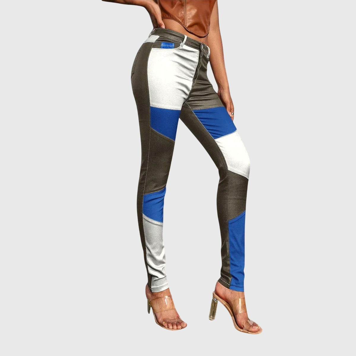 Women's Faux Leather Skinny High-Waisted Satin Trousers - Blue