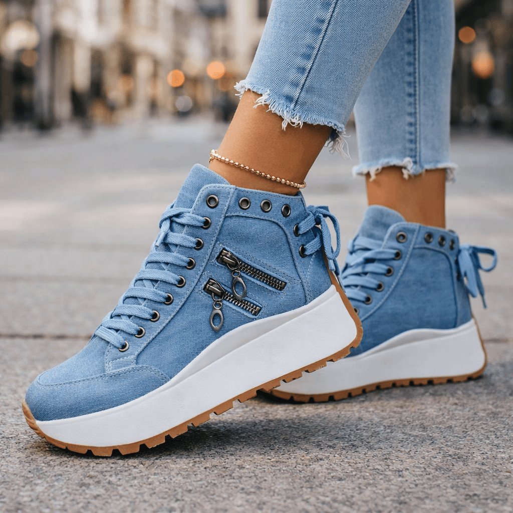 Women's Chunky Denim High-Top Platform Lace-Up Wedge Trainers - Blue