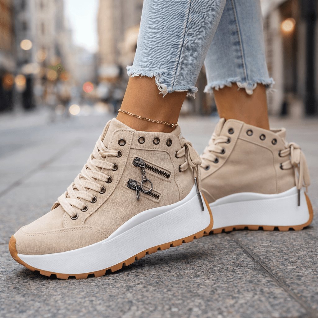 Women's Chunky Denim High-Top Platform Lace-Up Wedge Trainers