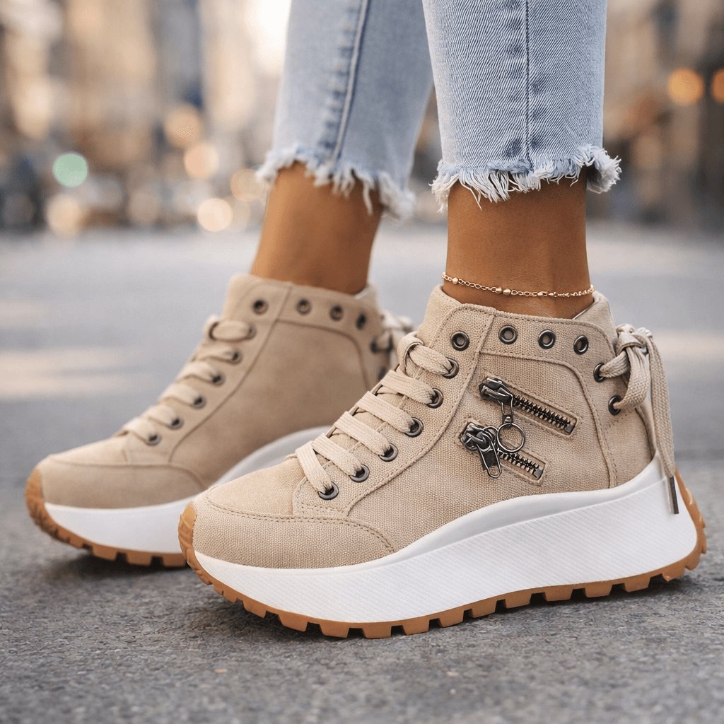 Women's Chunky Denim High-Top Platform Lace-Up Wedge Trainers